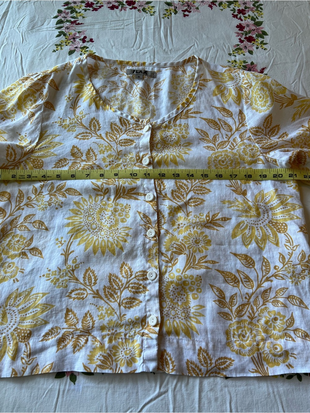 Flax Yellow Floral Button-Front Lightweight Linen Top Office Church - Picture 6 of 7